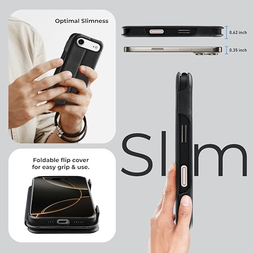 Image of PULOKA Premium Leather Flip Cover Compatible with iPhone 17 AIR - Slim Magnetic Lock Wallet Case with Card Slot, Shockproof TPU Inner, Full Body Protection & Raised Camera Guard (Black)