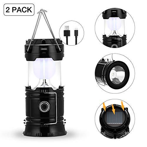 (2 Pack) Fulighture Solar Camping Lantern, LED Portable Flashlight, USB Charging, Ultra Bright Collapsible, Water Resistant, Suitable for Outdoor Hiking, Camping, Fishing, Emergencies, Outages(Black)
