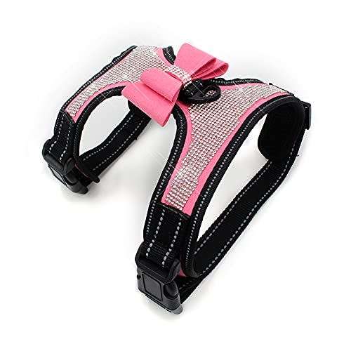 FUNAT Reflective Dog Harness with Rhinestone, Cute Bling Ties Dog Harness Dog Leash, Reflective Chest Strap with Shiny Bow (M, Pink)