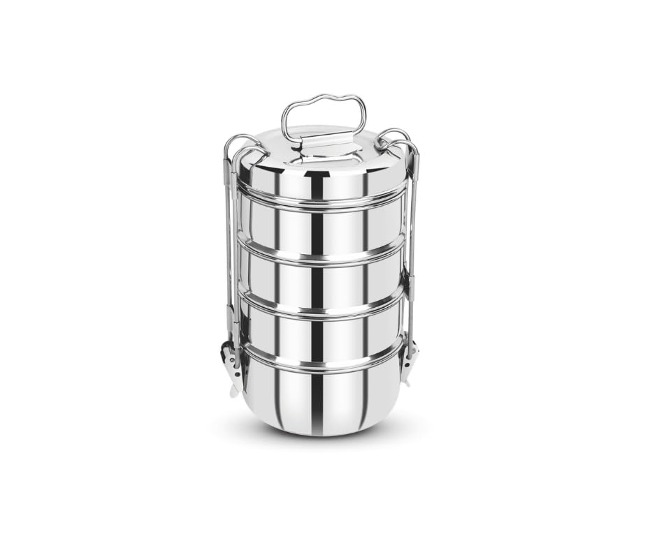 Fivanaa Grace Stainless Steel 4 Compartment Lunch Box/Tiffin with Lid and Handle, Silver (8X4)| ONE Salad Plate Extra (B0DBQ9XVNJ) Amazon Price History, Amazon Price Tracker