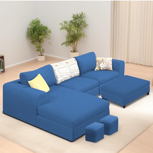 Image of Koza LHS 4 Seater L Shape Sofa Set with Center Table for Living Room (Blue Fabric) Premium Fabric Sofa