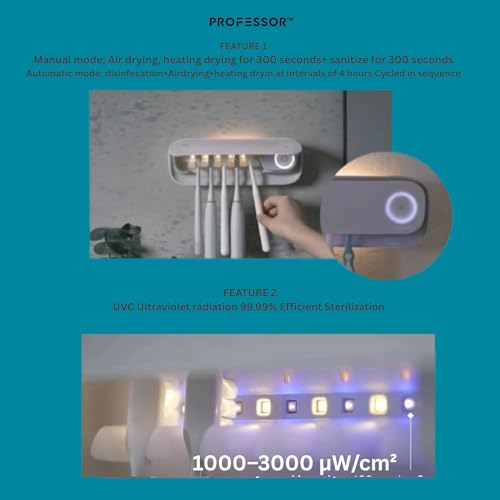 Image of PROFESSOR Certified by Eurofins Premium Smart UV-C Toothbrush sanitizer & sterilizer Holder, 4000mAh Battery, Wall-Mounted 5-Slot for Kids& Adult Toothbrush Holder, Kills 99.99% Bacteria, CE Approved