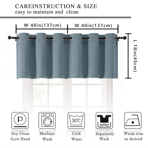 Image of Simplebrand Stone Blue Kitchen Valances for Windows 18 Inches Long 2 Pack, Room Darkening Window Valances for Living Room, Grommet Short Straight Drape Kitchen Curtains for Bedroom Kids Room, 40Wx18L