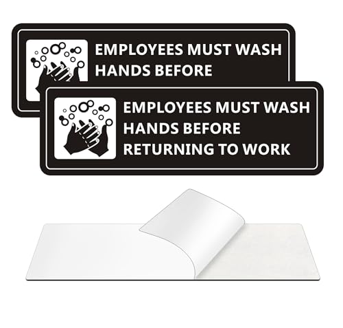 Employees Must Wash Hands Sign, (2 Pack) Self-Adhesive Metal Signage for Office Bathroom, 7 x 2 Inch Waterproof Aluminum Signs for Indoor Outdoor Use (Black)