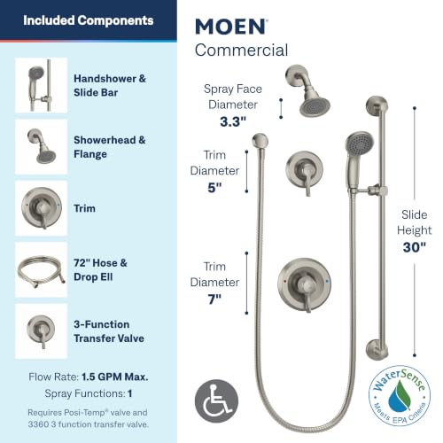 Moen Commercial Classic Posi Temp Shower System with Handheld for Bathroom, Valve Required, Brushed Nickel Finish, T8342EP15CBN - image 2