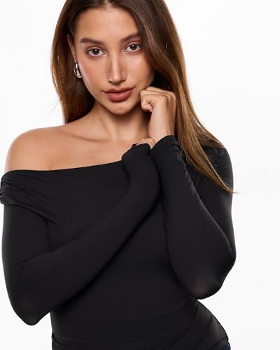 Image of INLYRIC Women's Inbarely Seasons Off The Shoulder Double Lined Long Sleeve Tops Going Out Slim Fitted Sexy T-Shirts