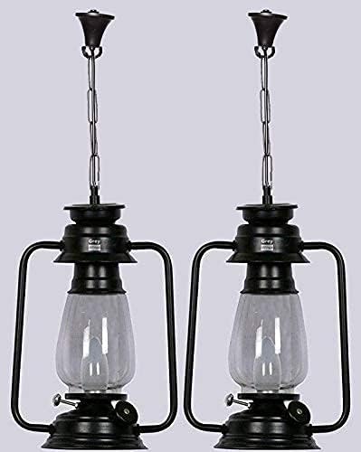 Image of Black Vintage Lantern Hanging Light for Ceiling, Rustic Iron & Glass Pendant Lamp for Home, Indoor Lighting, (Bulb Not Included) Pack of 2