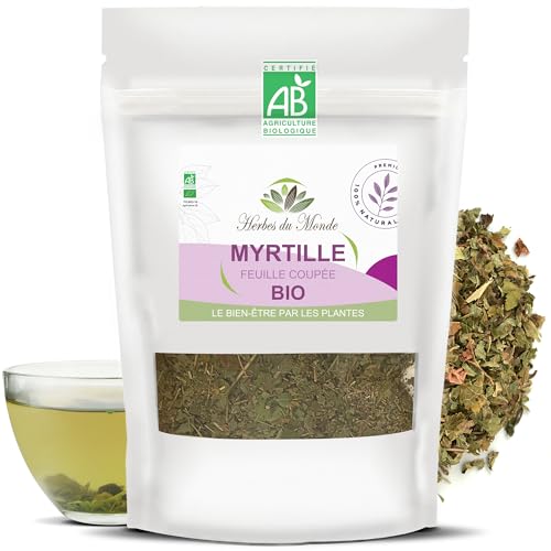 Herbes du Monde - Hoja cortada de té de hierbas de arándanos secos orgánicos - Infusión de desintoxicación orgánica - 1 sobre de 40 g con certificación AB