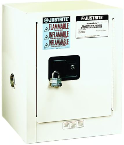Justrite 4 Gallon Self Close Countertop Flammable Storage Cabinet, 18 Gauge Steel, 1 Shelf, 1 Door Fire Cabinet, 22" x 17" x 17", Made in The USA, White, 890425