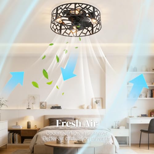 Image of 20 inch Farmhouse Flush Mount Ceiling Fan with Light and Remote, Black Caged Low Profile Fandelier, 6-Speed Reversible Enclosed Ceiling Fan for Bedroom, Kitchen, Small Room
