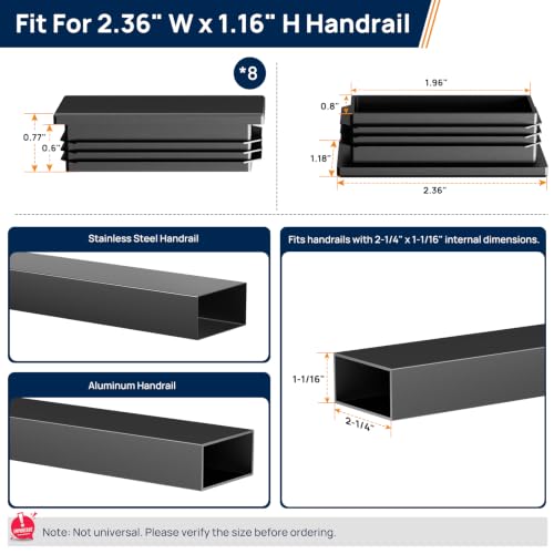 Image of 8 Pack Plastic End Cap Fit for 2.36 inch x1.18 inch Stainless Steel & Aluminum Flat Handrail, Rectangle Handrail Accessories Universal Black Non-Slip Nylon Plug for Pipe Tubing