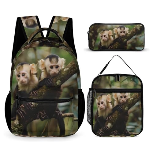 White Faced Capuchin Monkeys 3 Pcs Backpacks Set Combination 16“ Travel Backpack Portable Lunch Bag Pencil Case for Unisex