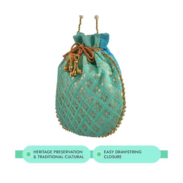 Kuber Industries Potli|Silk Wedding Potli|Drawstring Closure Potli|Wallet Potli|Christmas Gift Potli|Baby Shower Potli|Traditional Shagun Potli|Single Side Sequins-Potli|Pack of 3|Firozi - Image 7