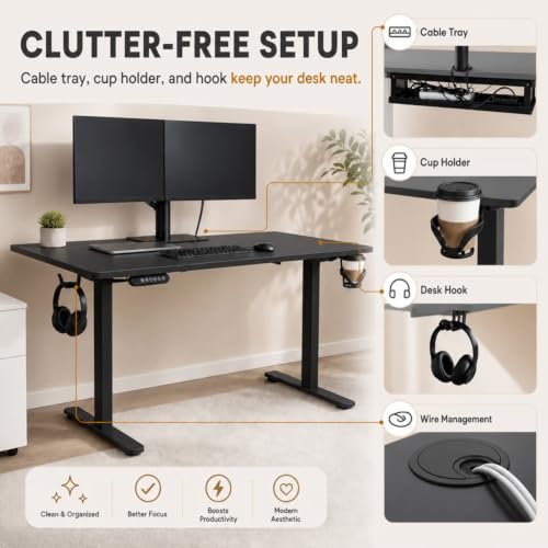 Image of Height Adjustable Table for Office Work | Electric Sit Stand Study Desk 80 Kg Load | Standing Work Table with 3 Memory Preset | Cup Holder Cable Management & Hook |120*60 Cm Thick Top - Black