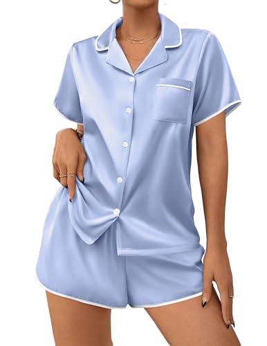 Image of Ekouaer Womens Satin Pajamas Set 2 piece Silky Buttton Down Short Pjs | Silk Notch Collar Top and Soft Shorts Lounge Set for Sleep, Daily Wear, Home, Wedding, Party