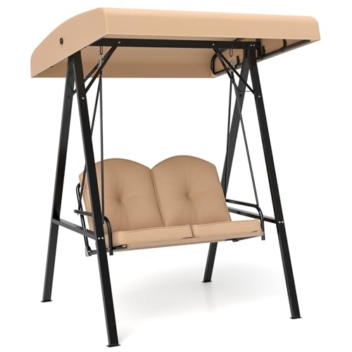 COSTWAY Balancelle de Jardin 2 Places avec Toit Réglable, Balancelle Jardin Extérieur en Métal avec 2 Coussins Assise et Dossier, Charge Max 300kg pour Cour Terrasse...