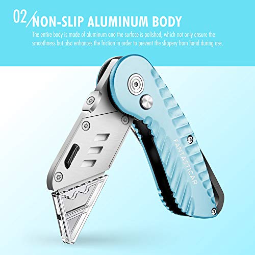 Fantasticar Folding Utility Knife Gift Box Cutter Plume Type Metal Body, With 5-Piece Extra Blades (Sky Blue) #TOP1