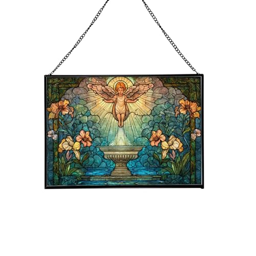 Cherub Hovering Over Garden Fountain Religious Stained Glass Suncatcher – Rectangular Hanging Window Panel with Sacred Scene –Spiritual Glass Art for Prayer Room, Christmas, Inspirational Decor iPnkHc