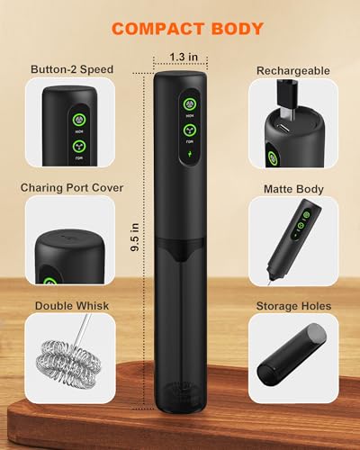 Image of 2-Speed Rechargeable Milk Frother Handheld with Cover, Dual Coil Whisk Coffee Frother Handheld - Portable Hand Frother Wand for Coffee Matcha Cappuccino & Hot Chocolate, Kitchen Gift