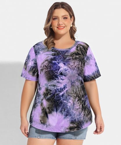 Image of CARCOS Plus Size Tops for Women Short Sleeve Shirt Summer Star /Leopard /Tie Dye /Flower Crewneck Pullover Tunic XL-5XL