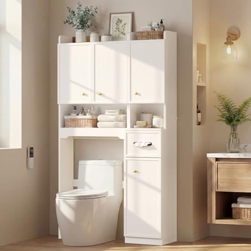 7-Tier Over Toilet Storage Cabinet, 2-in-1, Separable Bathroom Storage | Over-Toilet and Tall Narrow Cabinet, with Doors, Adjustable Shelf, Big/Small Room, Laundry, Tissue Holder, Anti-Tip, White