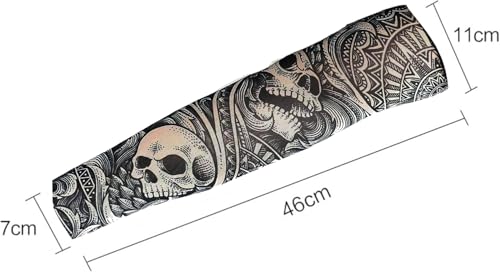 2 x Tattoo-Armstulpen Fake-Nylon-Elastikstrumpf voller Arm Totenköpfe Halloween dehnbar für Erwachsene zum Hineinschlüpfen Biker Gothic Rosen Stammes Kostüm
