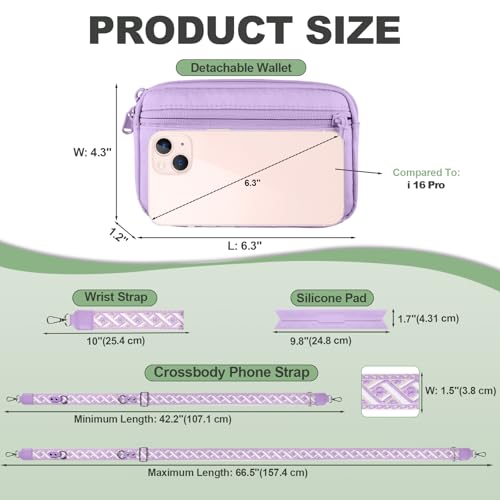Image of YFWE Clip and Go Strap for Phone with Wallet Crossbody, Adjustable Phone Lanyard with Detachable RFID Wristlet Wallet, Pattern Strap, Purple (M)