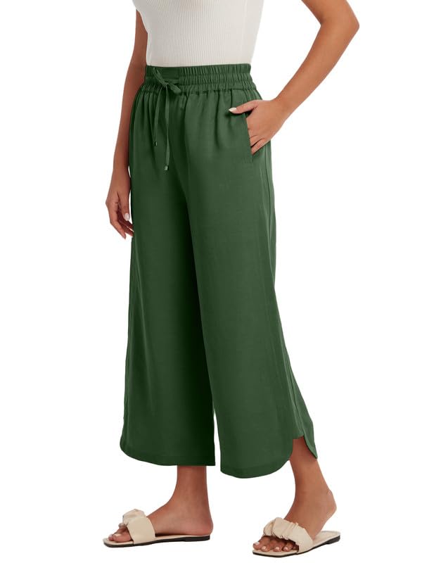 Les umes Womens Linen Wide Leg Cropped Pants High Elastic Waist with Drawstring Casual Summer Ankle Trousers
