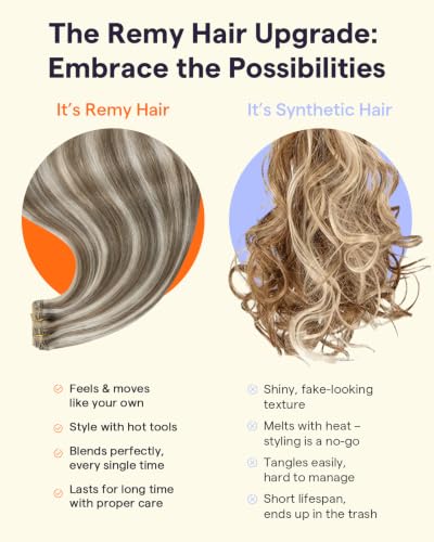 Image of Full Shine Human Hair Clip in Extensions, Brown and Blonde Highlight | Clip on Hair Extensions for Women, Invisible Lace Weft, Ash Brown Highlights Platinum Blonde, for Cheer, 16 Inch 3 Pcs 60g
