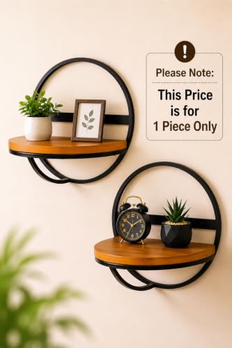 Image of Modern Round Floating Wall Shelf - 13 Inch Black Iron & Wood Decorative Wall Mount Display Rack for Home Decor