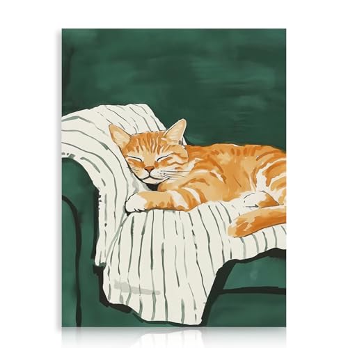 Dazzlewall Chat Art Mural Peinture, Chat Dormant Sur Canapé Oeuvre D’Art Impression Aquarelle Peinture Animale Décor pour la Maison Chambre Salon Salle de Bain, 30x40 cm Sans Cadre