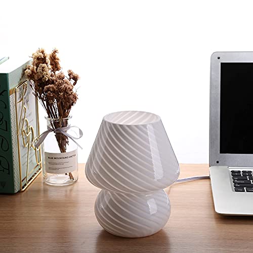 Bsod Mushroom Lamp,Glass Table Bedside Lamps Translucent Murano Vintage Style Striped Small Night Mushroom Decor Light Swirl For Ambient,Kids,Bedroom,Living,Girl Gift (Stripe White) #TOP2