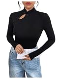 SweatyRocks Women's T Shirt Long Sleeve Cheongsam Button up Mock Neck Ribbed Tops Black Small