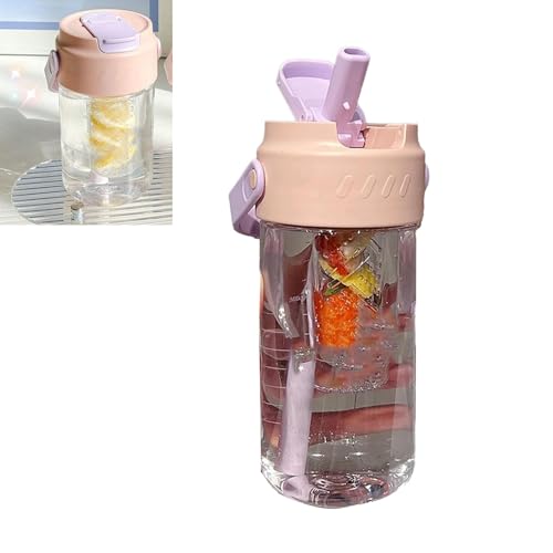 Reusable Plastic Water Bottles, 800ml Cute Water Bottle with Straw Fruit Infuser with Straw Simply Modern Water Bottle (Pink)