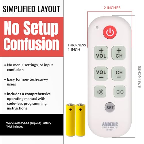 Anderic RR1004 Big Button TV Remote Control – Senior Friendly, Easy-to-use with Glow Keys, Simple Layout – Ideal for Elderly Care & Assisted Living – Compatible with Most IR TVs - White - 2 Pack - Thumbnail 7