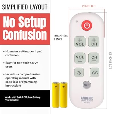 Anderic RR1004 Big Button TV Remote Control Senior Friendly, Easy-to-use with Glow Keys, Simple Layout Ideal for Elderly Care & Assisted Living Compatible with Most IR TVs - White - 1 Pack