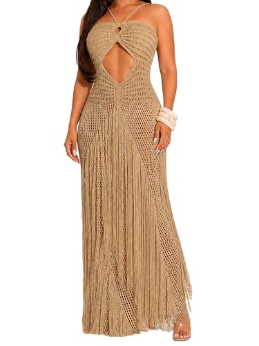KANSOON Womens Crochet Swimsuit Cover Up Maxi Dress with Fringe and Cutout