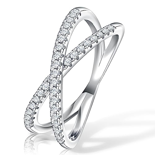 Moissanite Rings for Women, D Color VVS1 Clarity Moissanite Criss Cross Wedding Band 18K White Gold Plated Sterling Silver X Ring Eternity Bands for Women