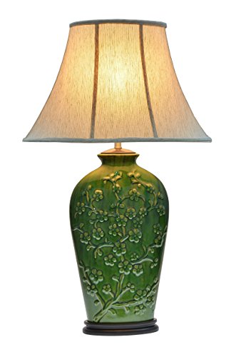 Aspen Creative 40013, 33 1/2" High Traditional Ceramic Table Lamp, Green With Dark Brown Wood Base And Oval Bell Shaped Lamp Shade In Off White, 20" X 11" Wide #TOP4