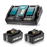 2 x 8.0Ah BL1830B 18V Batteries + 6A DC18RD Dual Port Charger Compatible with Makita Battery 14.4V-18V BL1850 BL1830 BL1860 BL1840 and DC18RD DC18RC DC18SF DC18RCT DC18RF Charger, Cordless Power Tool