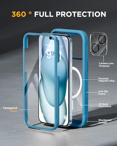 Image of Miracase Glass Series for iPhone 15 Case [Compatible with MagSafe] Full-Body Magnetic Bumper Case with Built-in 9H Tempered Glass Anti-Fingerprint Screen Protector + Camera Lens Protector, Sea Blue