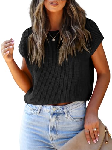 LCXWFE Womens Summer Cropped Sweater Vest Trendy Cap Sleeve Crop Tops Crew Neck Loose Knit Tank Top