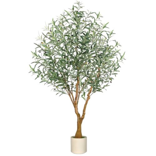 Olive Trees Artificial Indoor, 6FT Faux Olive Tree with White Tall Planter, Full Lush Artificial Plants with Large Olive Branches and Lifelike Fruits for Home Office Decor