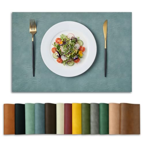 Artoid Mode Blue Faux Leather Placemats Set of 6, 12x18 Inch Waterproof Wipeable Heat Resistant Vinyl Place Mats, Reversible Table Mats for Winter Kitchen Dining Decor