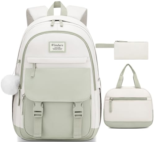 Image of WINDARS School Backpack with Lunch Box for Teen Girls, Cute College Backpacks for Women Students Aesthetic Bookbag Large 15.6 Inch Laptop Bag Middle School Travel Back Pack (Green Beige-3 Pcs)
