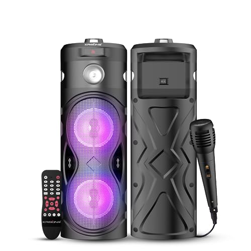 Image of Krisons Cylender 111 50W Portable Speaker with 4 inch Double Woofers, Free Wired Mic for Karaoke, in Built Torch, Remote Control with Bluetooth, FM, USB, Micro SD Card Connectivity (Black)