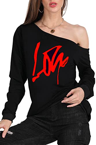 Image of MAGICMK Woman's Sweatershirt Lips Print Causal Blouse Off The Shoulder Long Sleeve Loose Slouchy Pullover Plus Size Tops