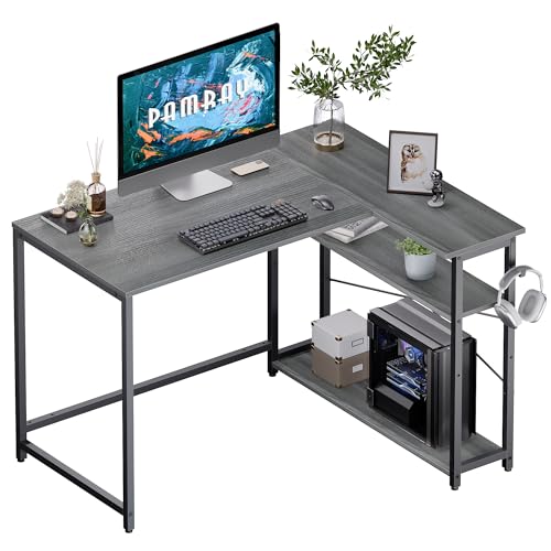 PAMRAY Escritorio en L de 109 cm, Mesa de Trabajo con Estantes Laterales Reversibles, Escritorio Esquinero para PC, Gaming y Oficina en Casa Ideal para Estudiar y Jugar, Gris Espresso