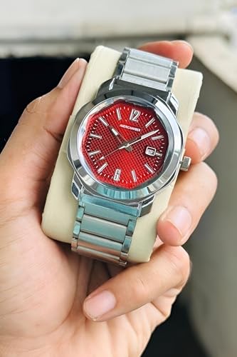 Image of AMERICANVIBER Men's Stainless Steel Watch, White Textured Dial, Analog Quartz Movement, Date Display, Water-Resistant, Silver Tone Bracelet for Men