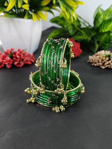 Image of NMII Viral Multi Colour Glass Bangles with Golden Ghungroo Charms & Stone Work For Women & Girls | Fancy Designer Glass Bangle | Traditional Chudi | Kanch Ki Churi | Stylish Ghungroo Bangle For Women